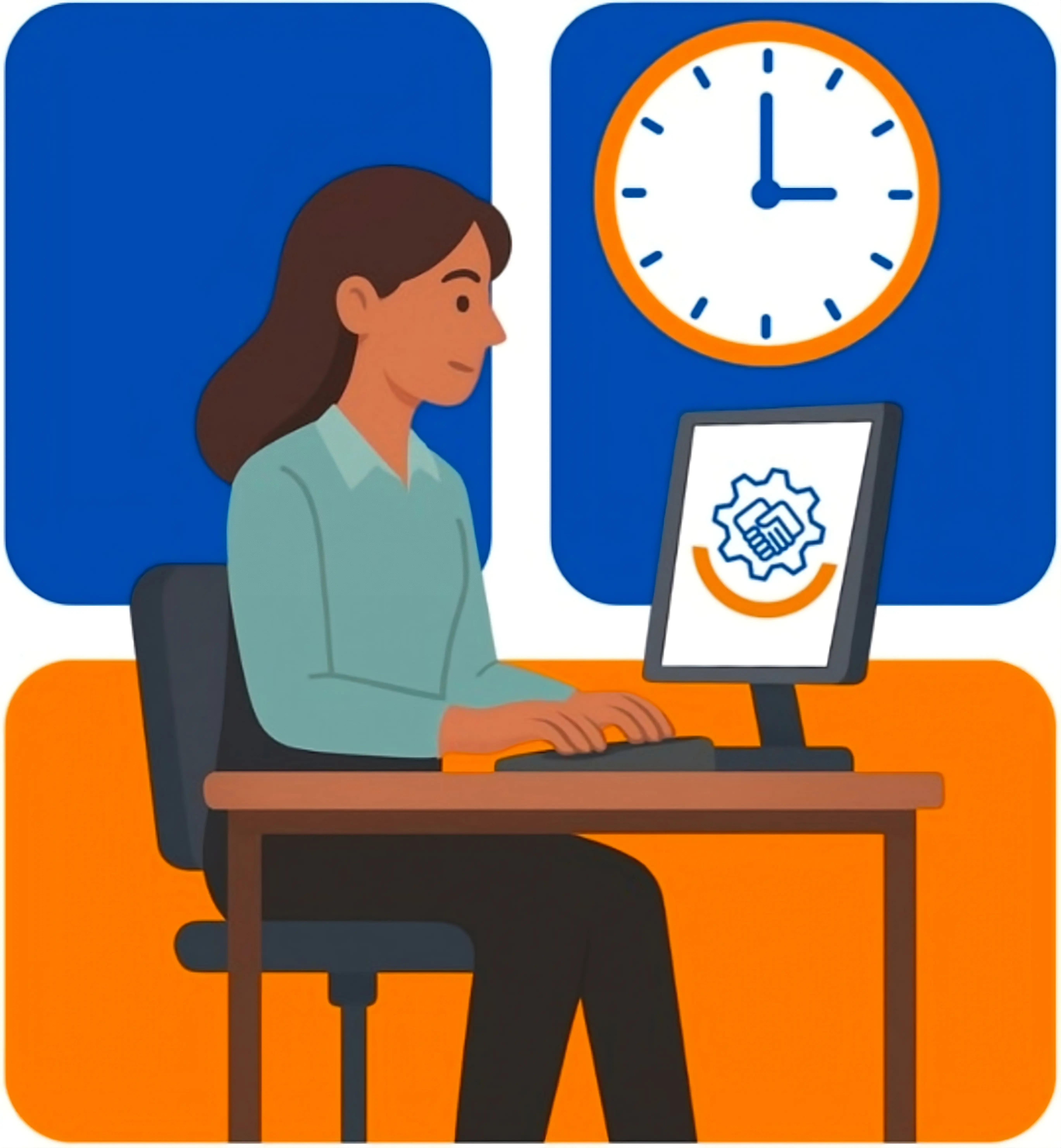 Ilustracion de mujer usando computadora con un reloj de pared detras