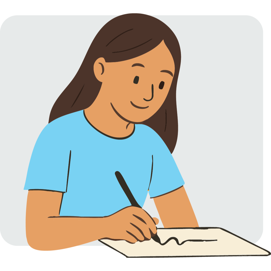 Ilustración de una persona llenando una solicitud en un escritorio.